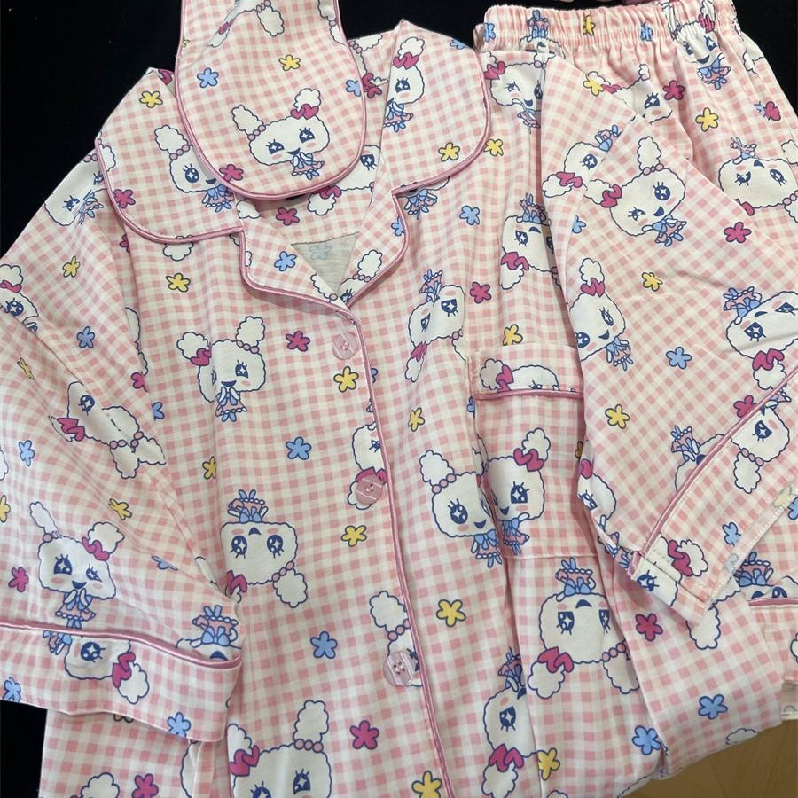 

Japanese animation pink plaid sweetheart Ji girl pajamas summer short-sleeved shorts cardigan two-piece loungewear S