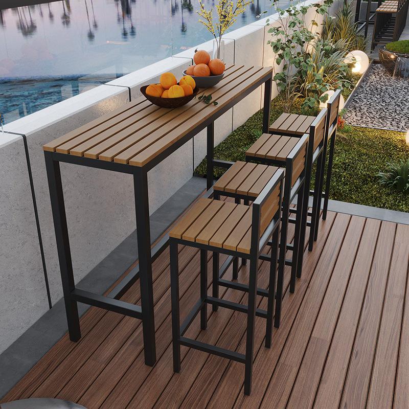 Outdoor Wood-Plastic Waterproof Bar Table & Chairs Set - High-Legged, Wall-Leaning Design for Balcony or Coffee Shop