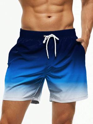 Men's Beach Shorts Gradient Color Block Drawstring Summer Men's Swim Trunks Elastic Waist 3D Print Breathable Short Streetwear