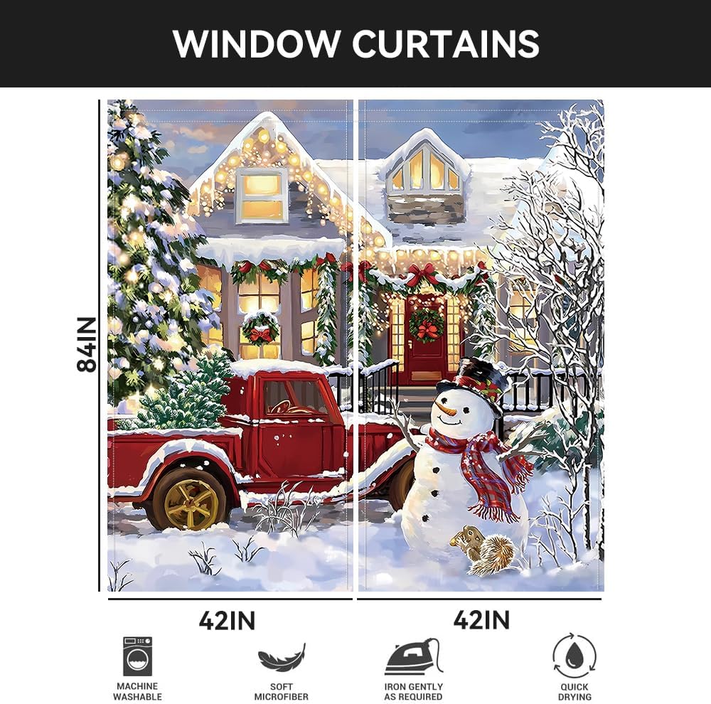 Christmas Curtain Red Truck House with Lights On Xmas Tree Colorful Light Pine Tree Bedroom Living Room Window Decoration Drapes