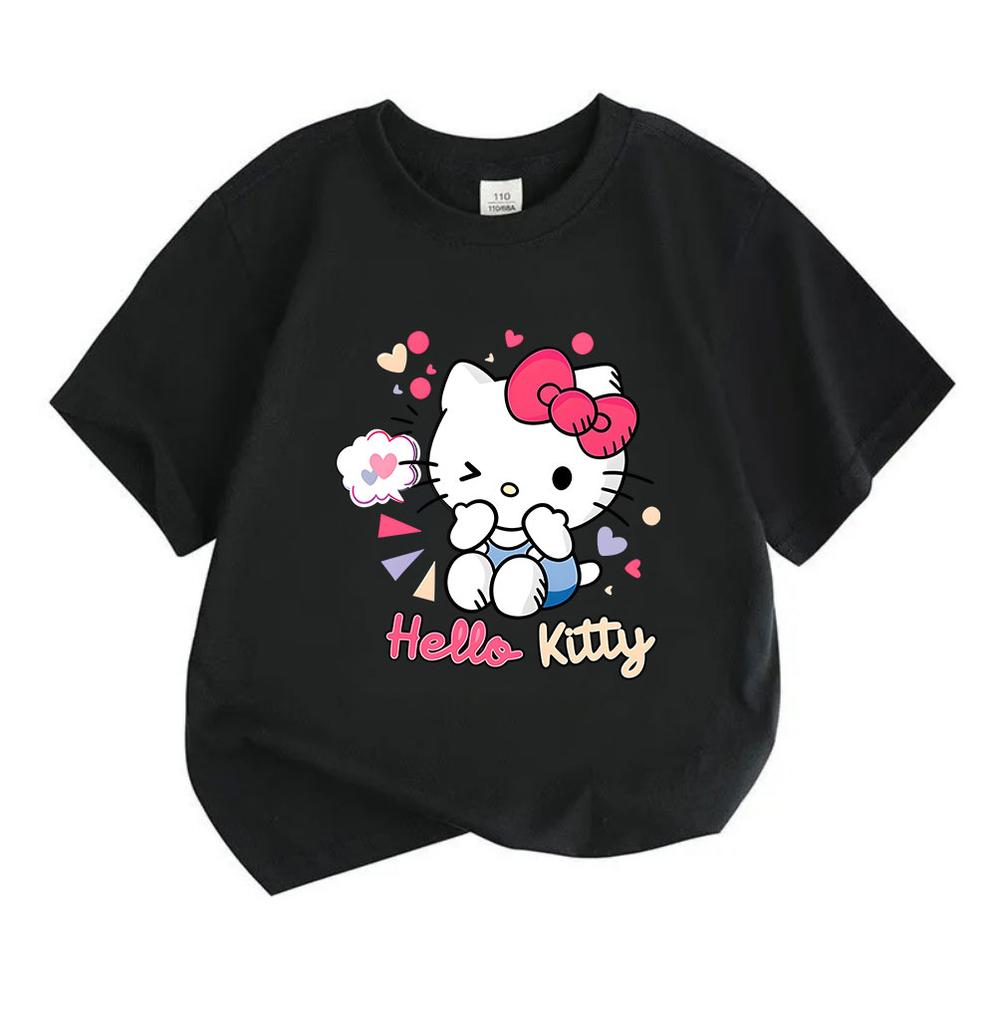 Kids Boys Girls Crew Neck Short Sleeve 100% Cotton T-Shirt, Cute Winking Cat Print Casual Soft Breathable Tee for Little Children Daily Wear Party Hol