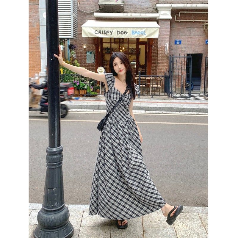 Retro square neck bubble sleeve plaid dress children s summer new high-end temperament a-word long dress S