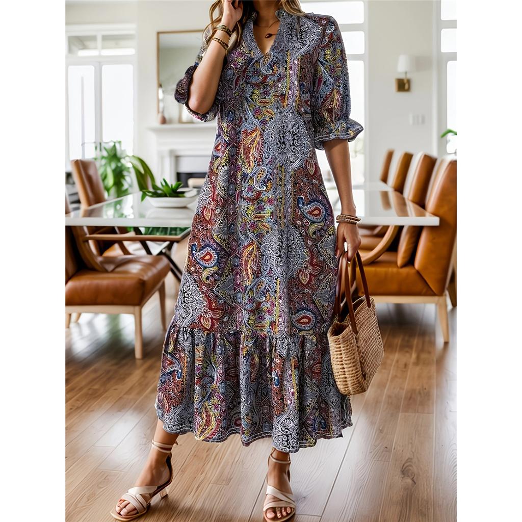 Women's Ruffled Dress Ethnic Style Printed Short-sleeved V-neck Loose Plus Size Long Dress