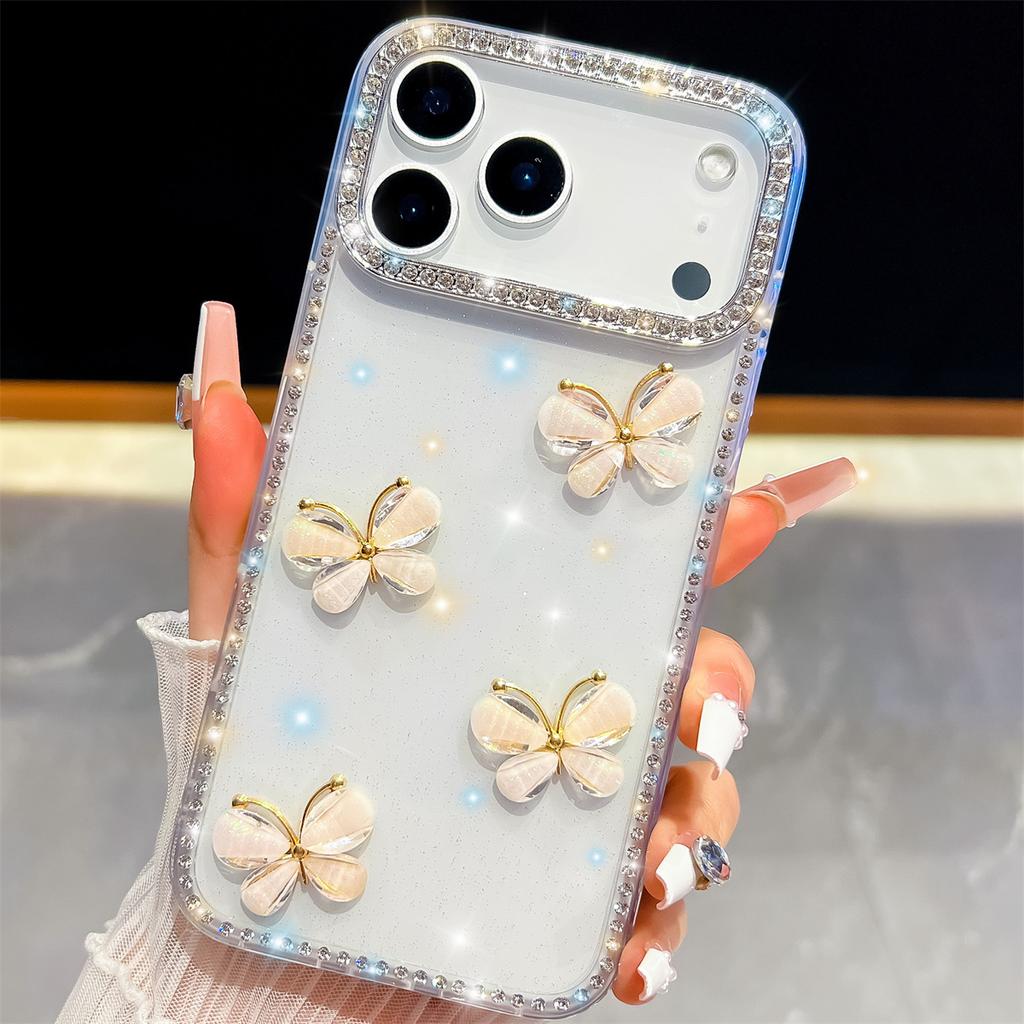 Handmade Sparkly Diamond Glass Butterfly IMD Phone Case, Compatible with iPhone 13,iPhone 14,iPhone 15,iPhone 16,iPhone 17 Series
