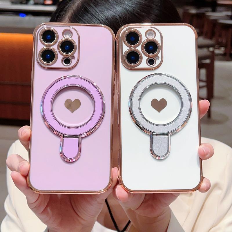 For Magsafe Plating Love Heart Bracket Wavy Case For iPhone 17 Air 16E 15 14 13 12 11 8 Pro Max Plus Magnetic Stand Holder Cover