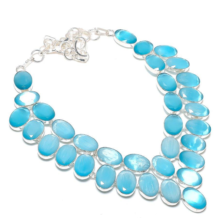 Natural Blue Monalisa Gemstone 925 Sterling Silver Jewelry Necklace 18" O4W79
