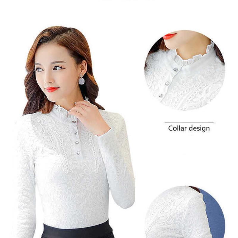 Camisa de encaje de otoño e invierno Camisa superior ajustada Camisa de mujer de talla grande con relleno de terciopelo y calidez