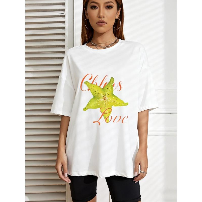 

White Oversized T Shirt With Cactus Love Print And Starfruit Design For Casual Wear XXXXL