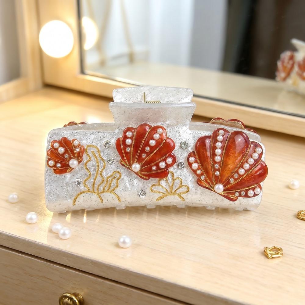 Hairpin Ocean Style Hair Claw Cartoon Pearl Rhinestone Grab Clip Fashion Acetate Shark Clip  Beach Style 2