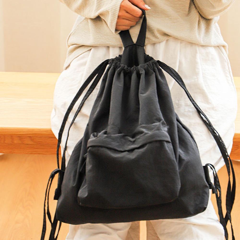 Portable Nylon Drawstring Backpack Large Capacity Solid Color Shoulders Backpack Casual Small Gym Bag