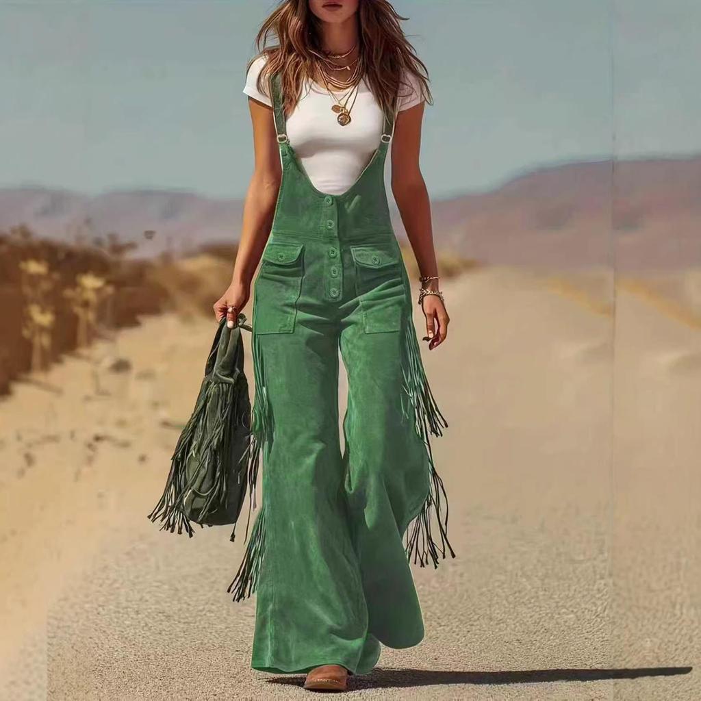 Salopette large rétro western en daim avec franges et décoration poche