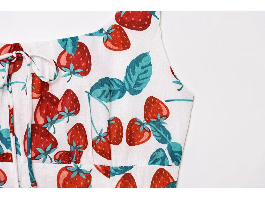 Strawberry Print Waist-Hugging French Long Dress for Women - Spring 2025 European and American Style