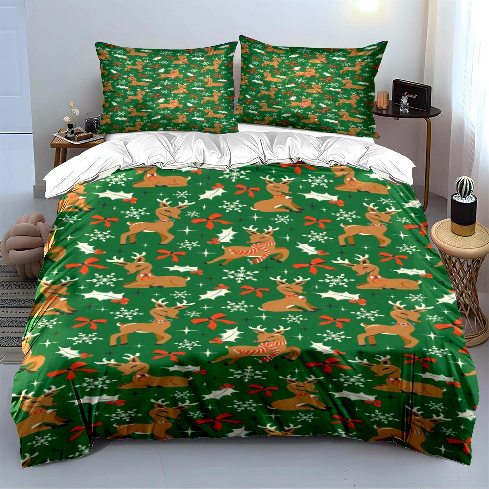 Merry Christmas Festive Print Bedding Set (1 Duvet Cover, 2 Pillowcases, Duvet Not Included)