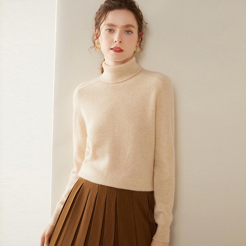 Women's High Neck Saddle Shoulder Cashmere Sweater - Solid Color, Versatile, Loose Knit Knitwear for Autumn/Winter