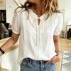 Womens White Short Sleeve Lace Trim Tie Neck Casual Blouse