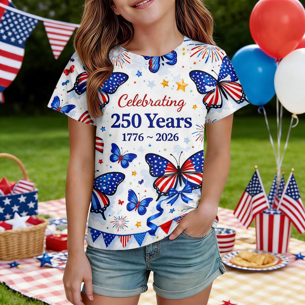 Kids Independence Day Print Round Neck Short Sleeve Casual T-shirt