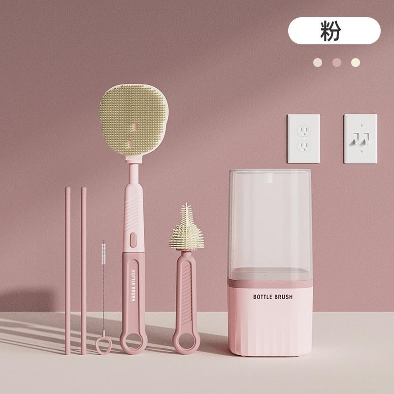 6 In 1 Silicone Bottle Brush Set Travel Drain Rack Cleaning Straw Multifunction Long Handle Baby Feeding Bottle Brush
