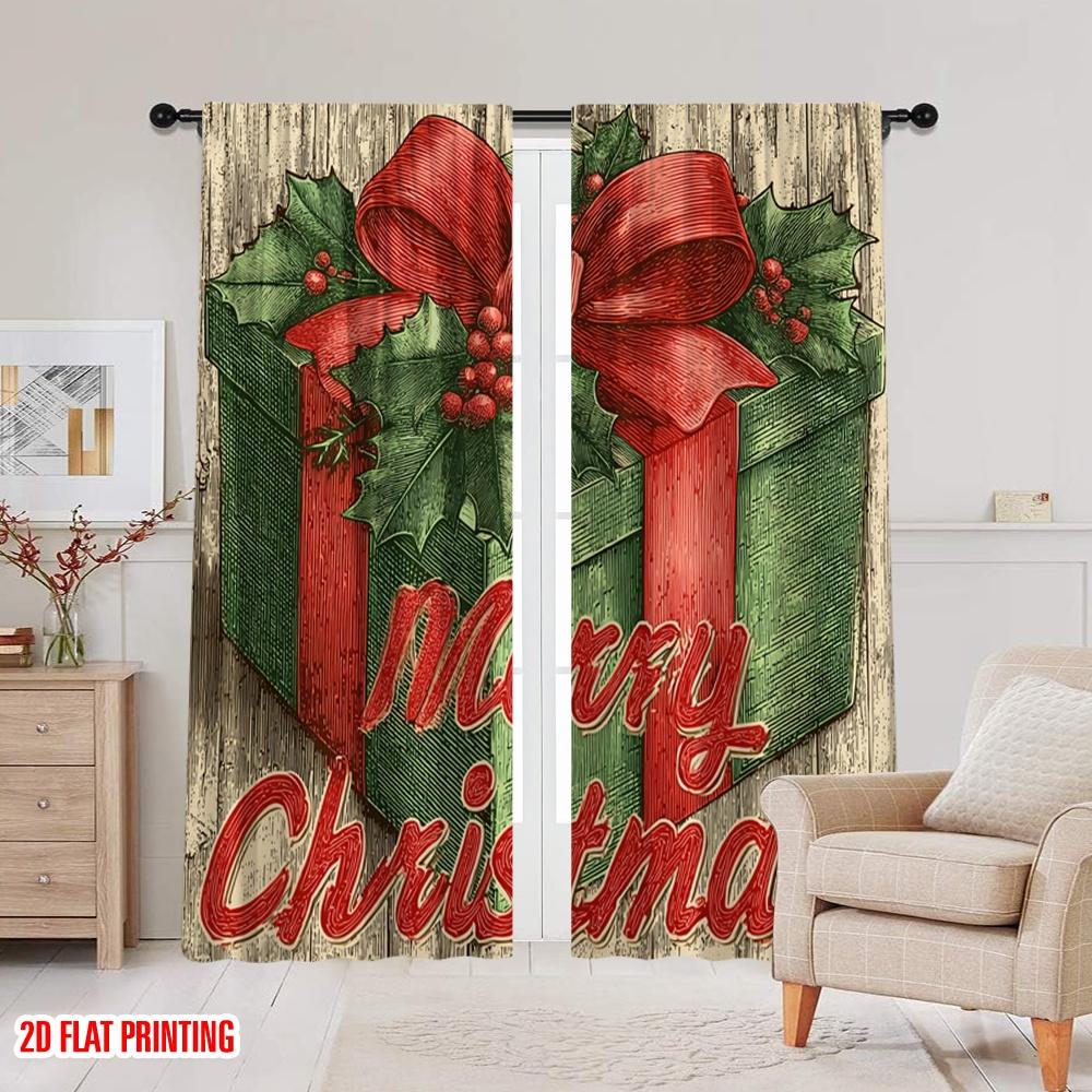 2pcs,2D Plane Printing Print Curtains Holly Berries & Gift Box Versatile Durable Polyester (without Rod) Festive Use for Living