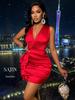Elegant Red Satin Deep V Waist-Cinching Ruffle Mini Dress for Banquets and Events