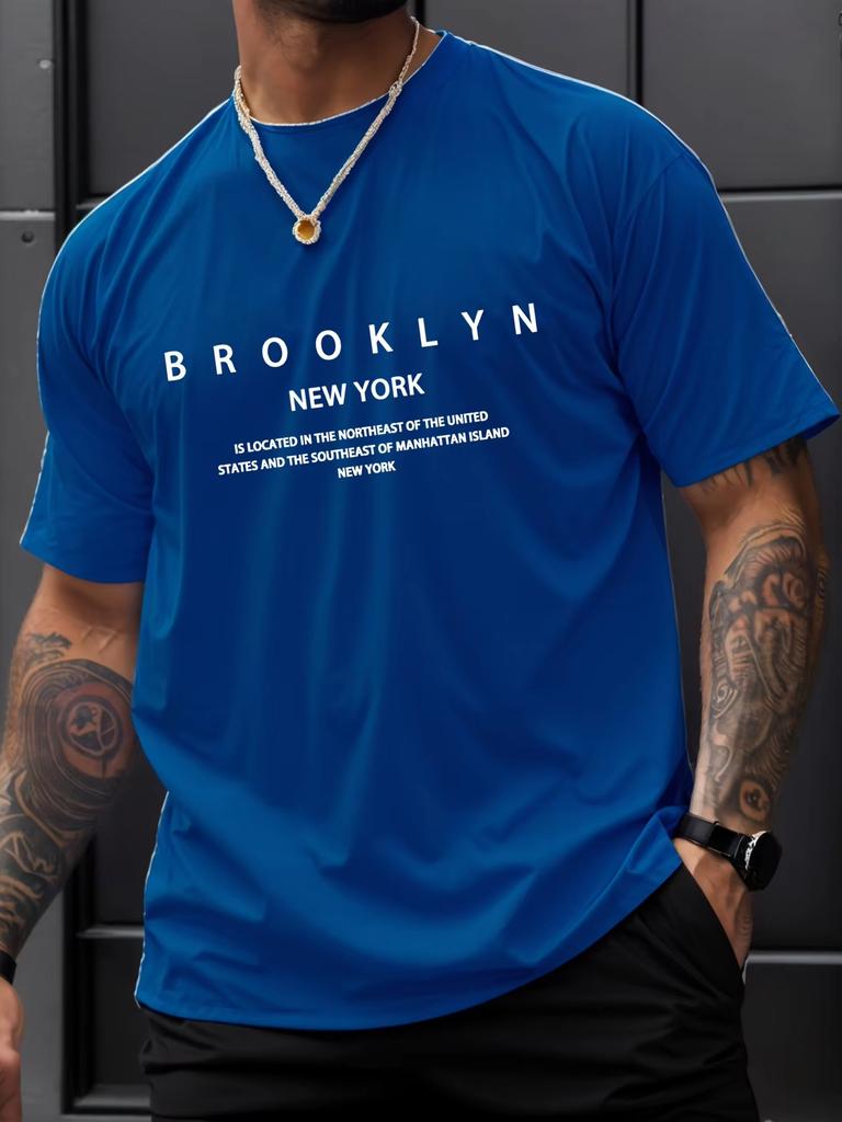 Summer Men's Pure Cotton Casual Loose Plus Size Brooklyn Print Sports Round Neck Short Sleeved Breathable Street T-shirt