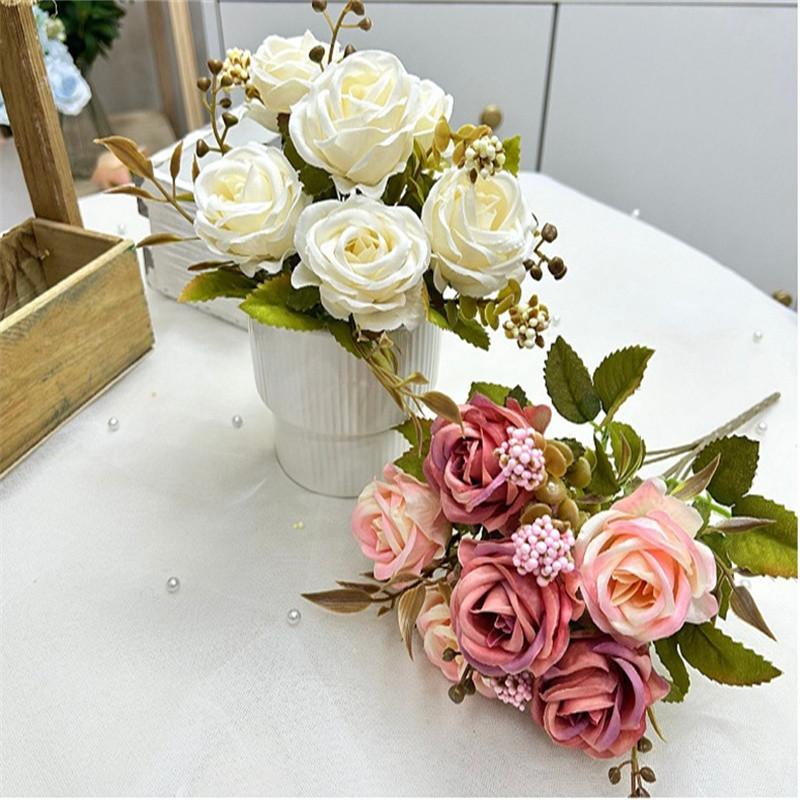 30Cm Long Artificial Flower 6 Pearls Roses Fake Flowers Premium Floral Bouquet Small Roses Silk Flowers