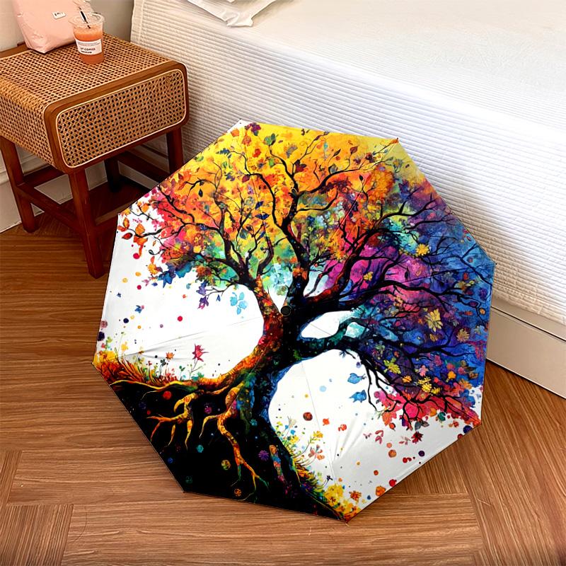 1 PC Automatic Folding Umbrella - Colorful Tree Pattern, Portable & Foldable Design with 8 Ribs, Christmas Birthday Gifts