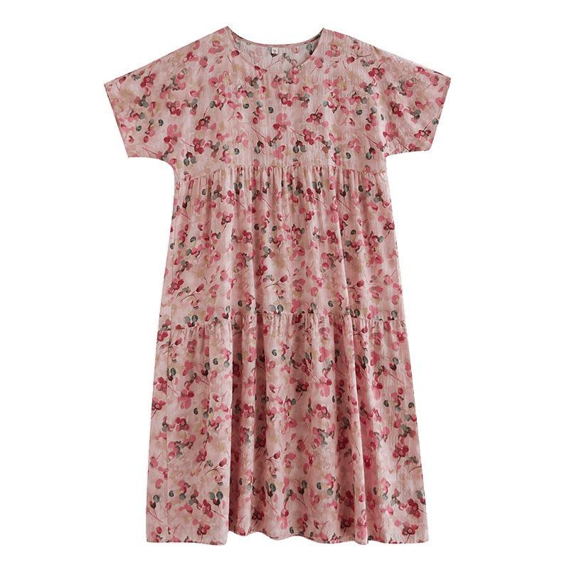 The Real Shot Is Summer Thin Cotton and Linen Fat Mm Round Neck Short-sleeved Vacation Style Loose and Thin Cake Skirt Big Swing A-shaped Skirt