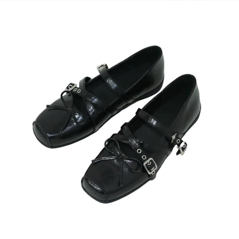 Mary Jane Shoes Female Genuine Leather Retro Ballet Flat Shoes Women Square Toe Flat Luxury Rivet Cross Straps Ladies Shoes