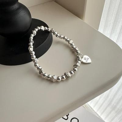 Women's Silver 925 Unbalanced Bead Heart Drop Bracelet