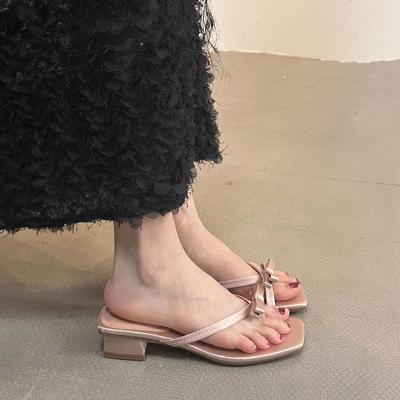French Thick Heel Bow Slippers Fairy Shoes 2025 New Summer Beautiful Small Sandals Toe Vacation Sandals