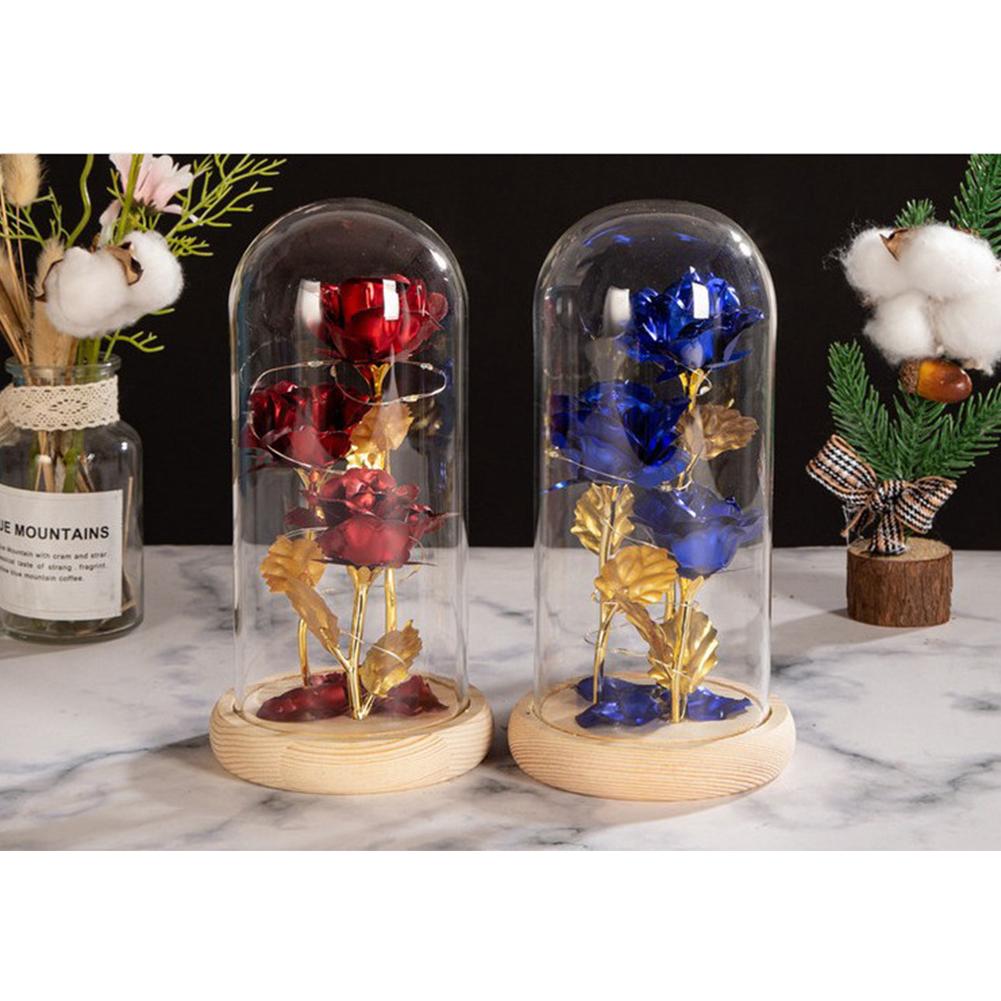 Colored Roses Ornaments 3 Flowers Glass-covered Gold-leaf Artifical Roses Luminous Led Night Light Creative Valentine Day Gifts