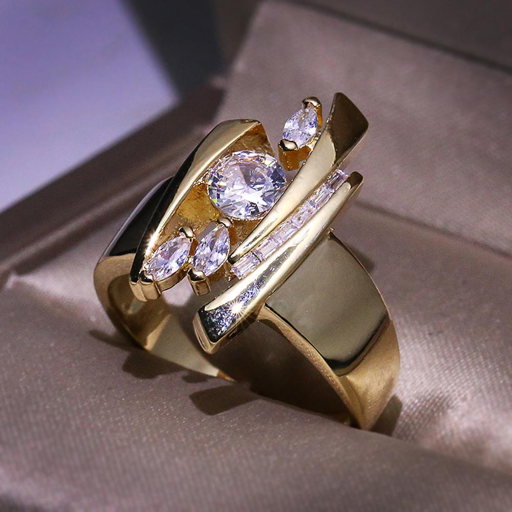 Luxury Gold Color Geometric Shape Women Rings Hiphop Party Stylish Female Finger Rings Dazzling CZ Lady's Fashion Jewelry