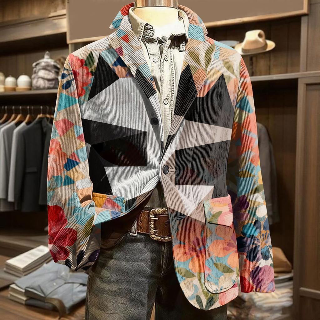 Men's Printed Corduroy Pocket Suit Jacket Cardigan Men's Casual Suit