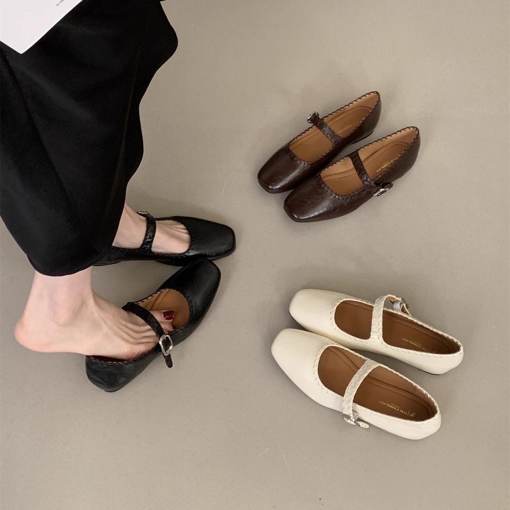 FengLiDa Inner Height Increase Mary Jane Single Shoes Women's 2025 Autumn Retro Square Head Shallow Mouth One-word Buckle Small Leather Shoes