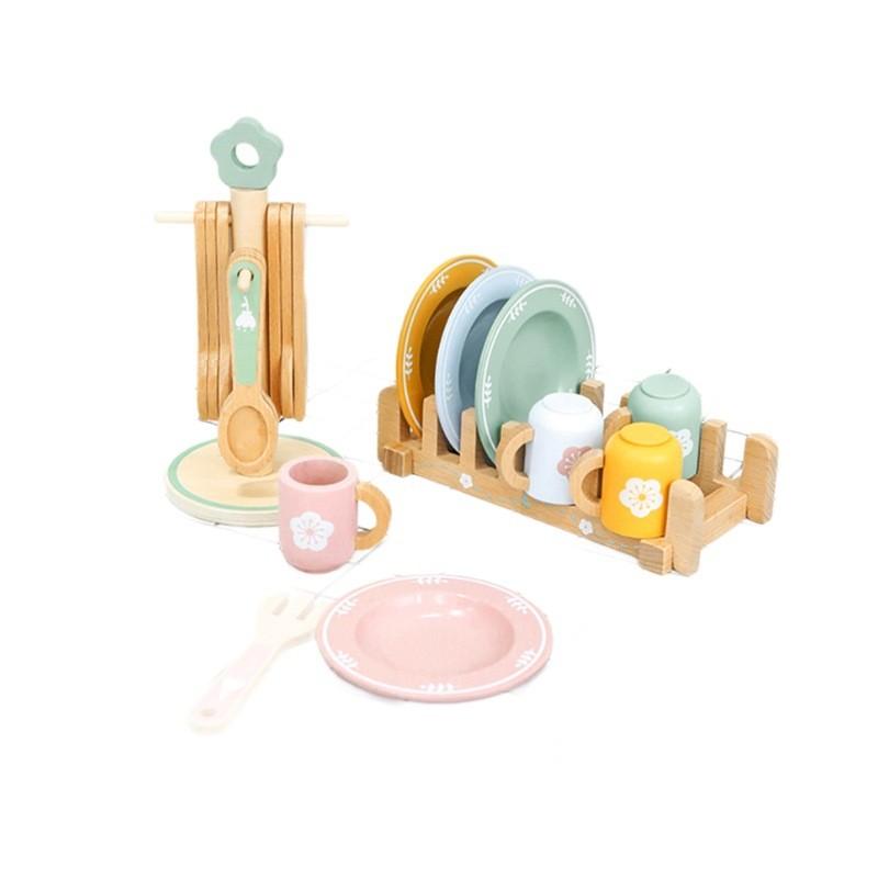 Cooking Pretend Kids Set With Wooden Kitchen Utensils Tableware For Learning