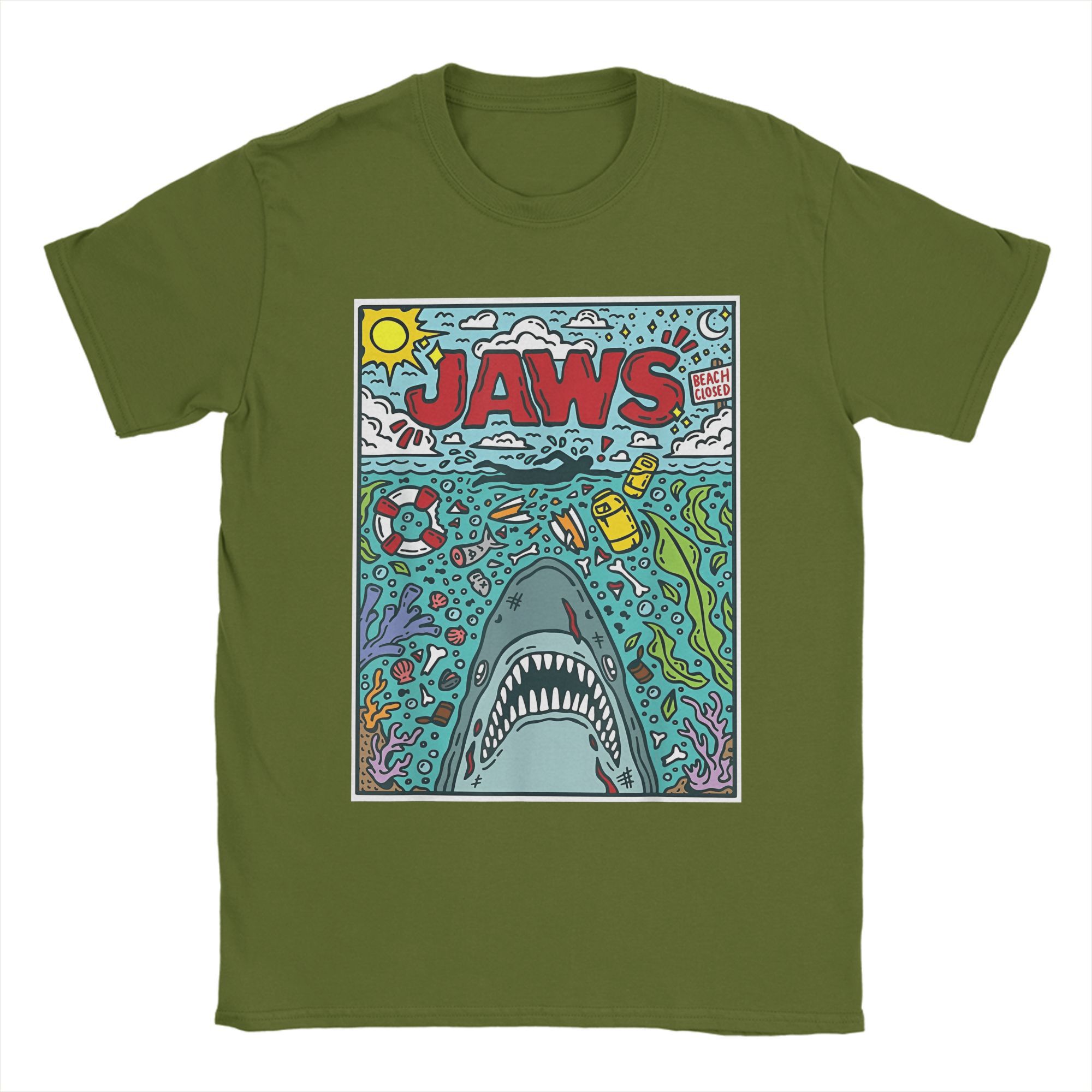 Jaws 50th Anniversary Poster Comic Cotton T Shirt For Men Summer Movie Graphic Aesthetic T Shirts O Neck Tees Big Size Tops 4XL