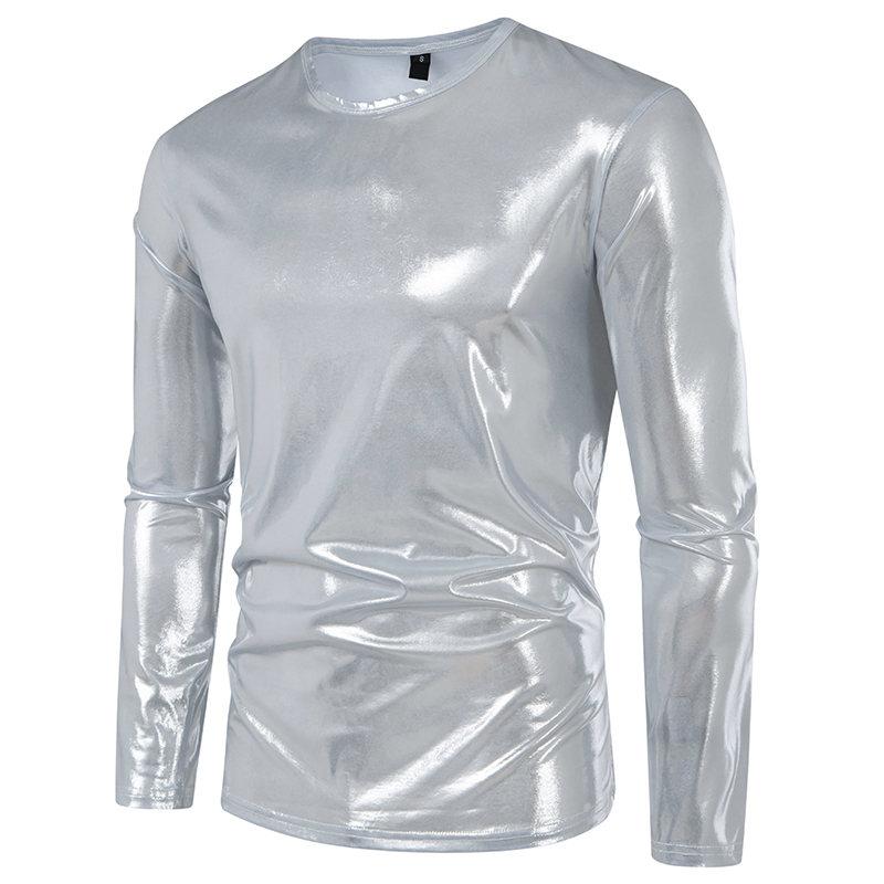 Cozy Up Men's Party Stage Glossy Long-sleeved Round Neck T-shirt