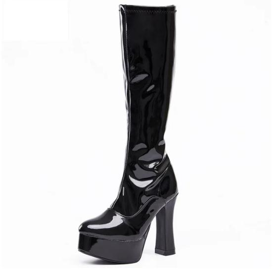 Fashion FHC Women Retro GoGo Knee High Boots,Unisex Stage Cosplay Shoes,Man Fetish Botas,12cm Chunky Heel,Side Zip,Black,Red,Pink,White