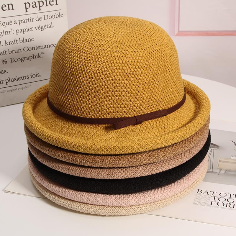 Hat Women's Spring and Autumn Summer Bow Curled Top Top Top Hat Sunscreen Versatile Basin Hat British Maruko Hat