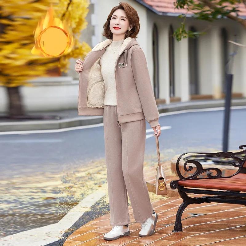 

Модный костюм-куртка для среднего возраста, осенне-зимний, с утолщением из плюшевой ткани, повседневная верхняя одежда, теплый женский костюм из двух предметов XXXL хаки