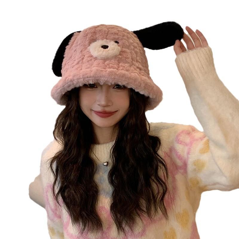 Autumn and Winter Puppy Ears Bucket Hat Female Big Head Circumference Plush Bucket Hat Cute Face Small Warm Hat