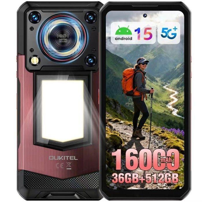 Smartphone Robuste 5G OUKITEL WP56 36+512GB 6.8''FHD+ 108MP 16000mAh Téléphone Portable Incassable Android 15 Dual SIM/NFC Rouge