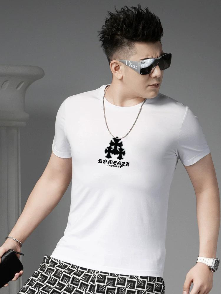 European Style 2025 New Round Neck Short-Sleeve T-Shirt for Men, Summer Trendy Brand Printed Casual Top, Slim Fit Half-Sleeve Tee