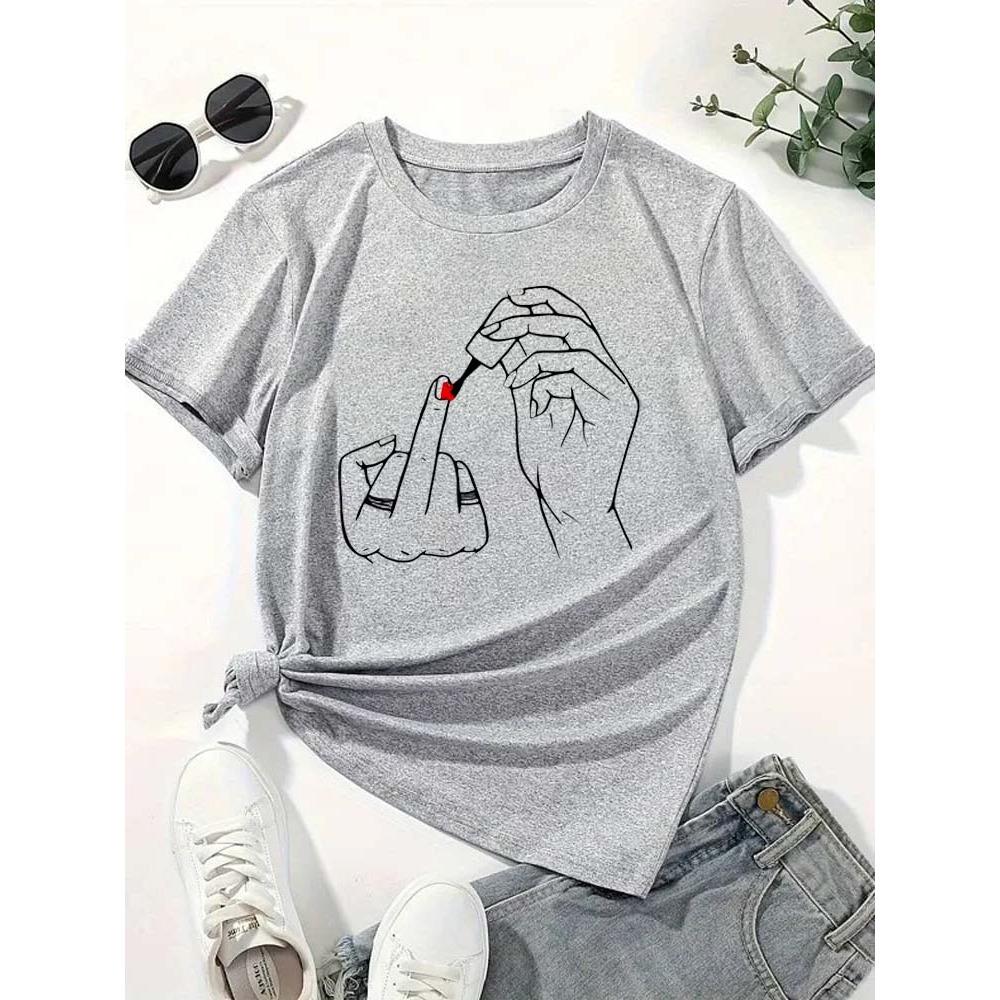 Women Middle Finger Nail Polish Prints T Shirt Summer Comfortable Soft Short Sleeve O-Neck Tops Casual Female Clothes