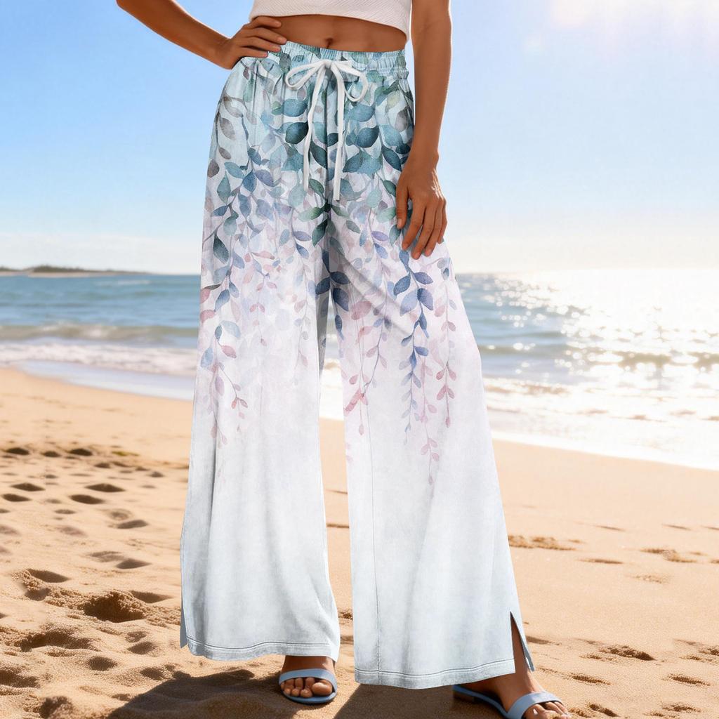 Women Summer Boho Palazzo Pants High Waist Wide Leg Printing Casual Trousers With Pockets