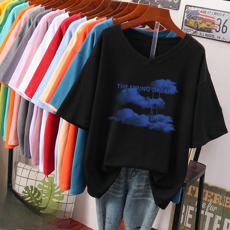 Camiseta de manga curta, Solta, Top V-neck Estampado Emagrecedor para Mulheres