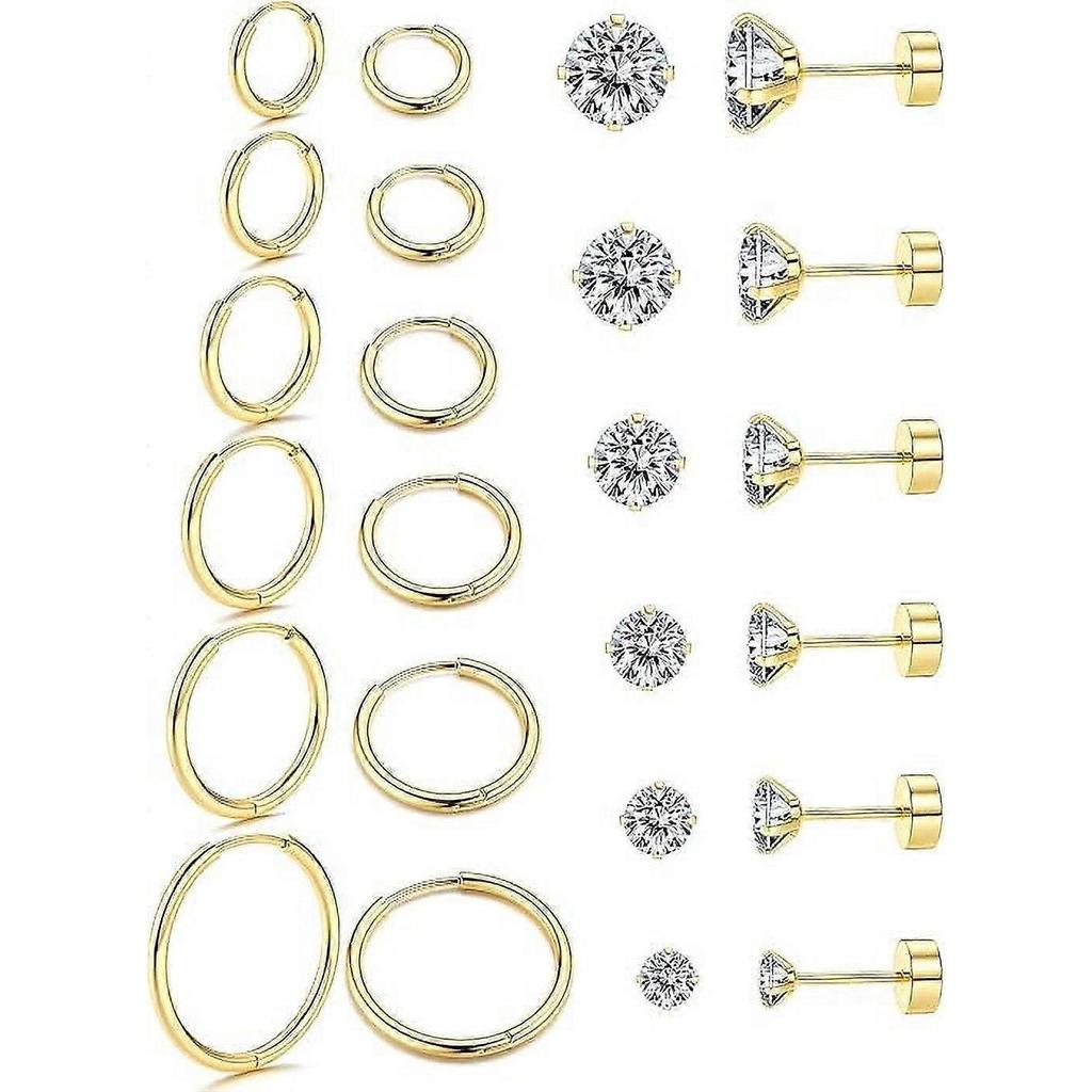 12 Pairs Mini Small Hoop Earrings Flat Back Stud Earrings 316L Stainless Steel Hoop Earrings for Women Men, Gold