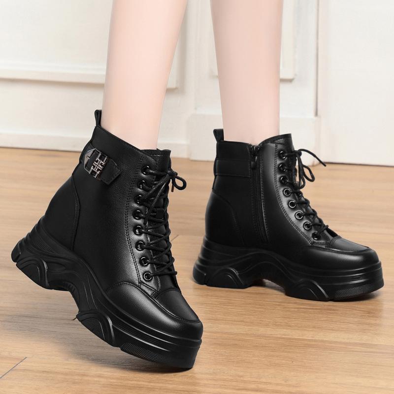 Thick-soled women's winter velvet thickened Martin boots lace-up side zipper small leather boots short tube comfortable