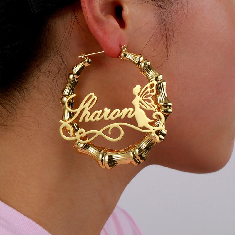 Stainless Steel Gold Plated Personalized Name Letter Big Large Earrings Customized Bamboo Name Hoop Earrings