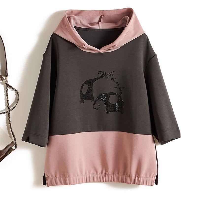 

Cabinet Luxury Brand! Hood Water Soluble Diamond Geometric Pattern Color Matching Cotton Pullover 3/4 Sleeve Hoodie Spring and Summer Women T-shirt Gray L